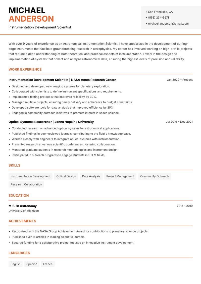 Astronomical Instrumentation Scientist Resume Template