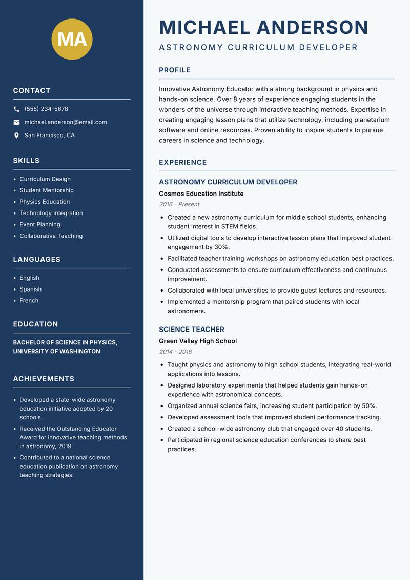 Astronomy Educator Resume Preview Example