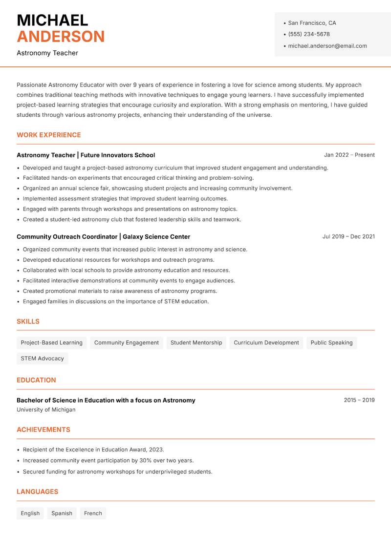 Astronomy Educator Resume Template