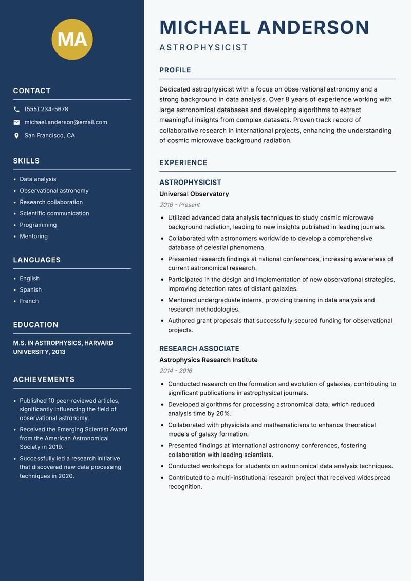 Astrophysicist Resume Preview Example