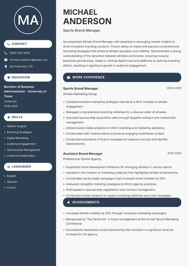 Athlete Brand Manager Resume Preview Example