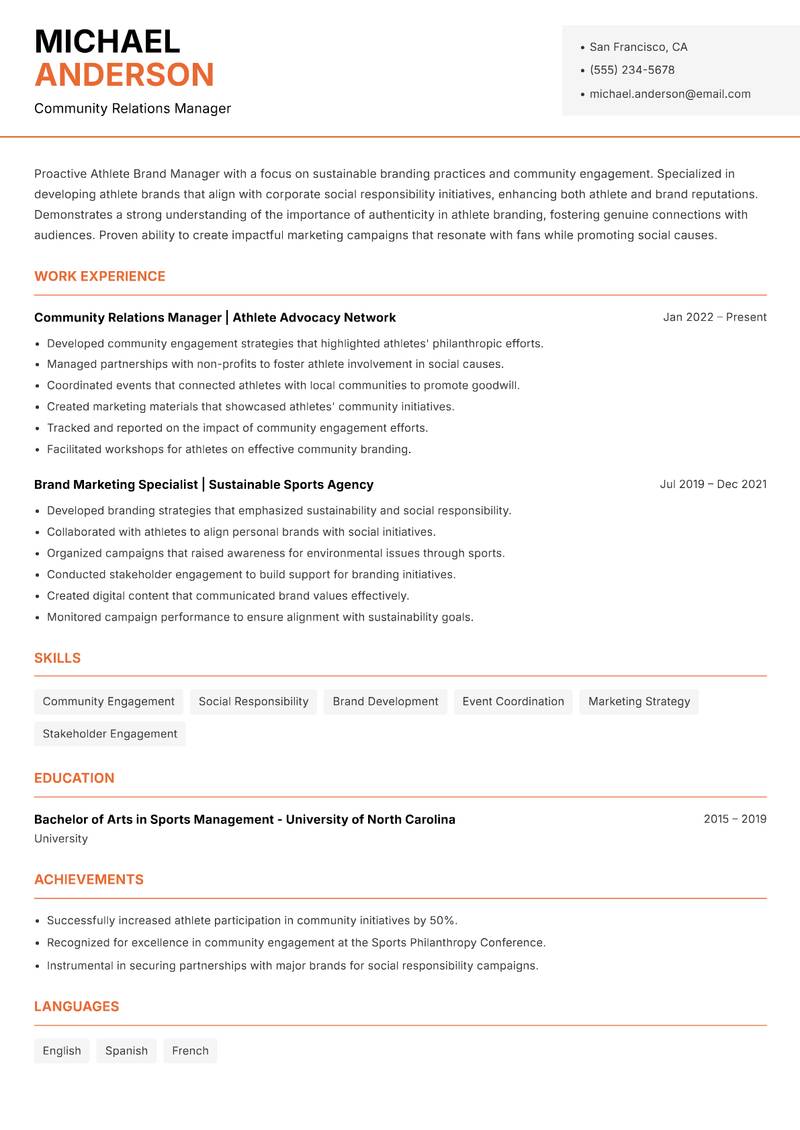 Athlete Brand Manager Resume Template