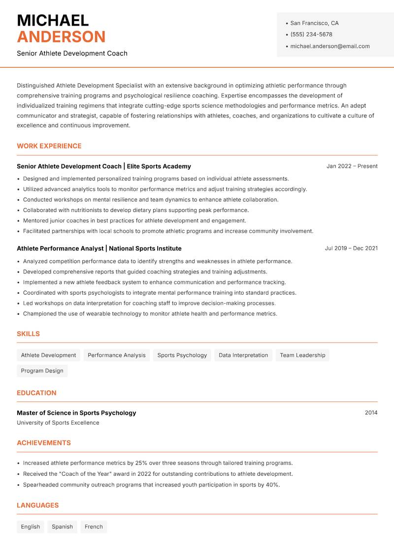 Athlete Development Specialist Resume Template