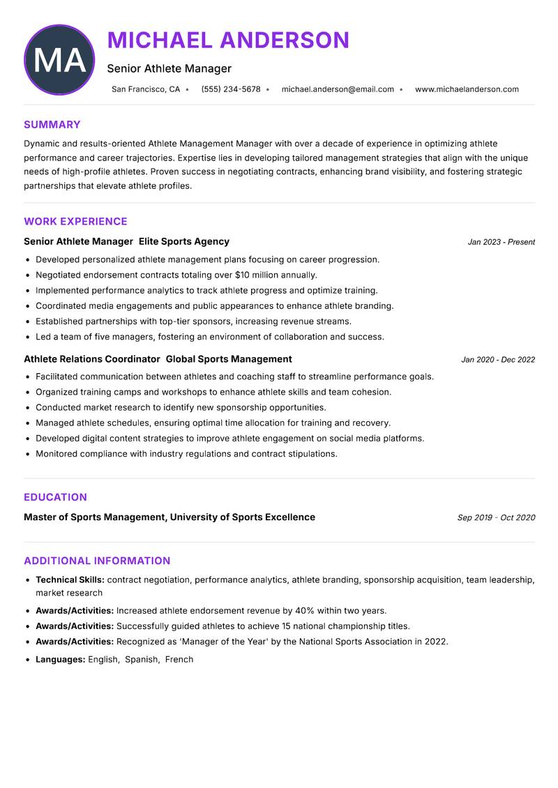 Athlete Management Manager Resume Preview Example