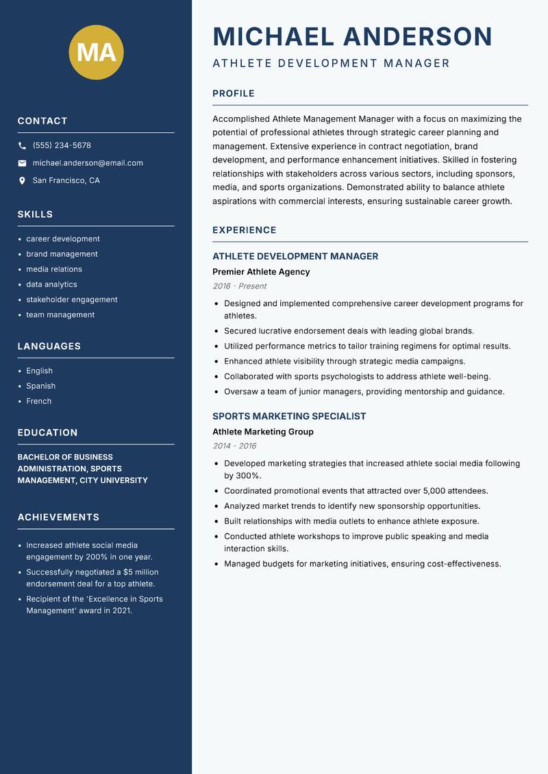 Athlete Management Manager Resume Preview Example