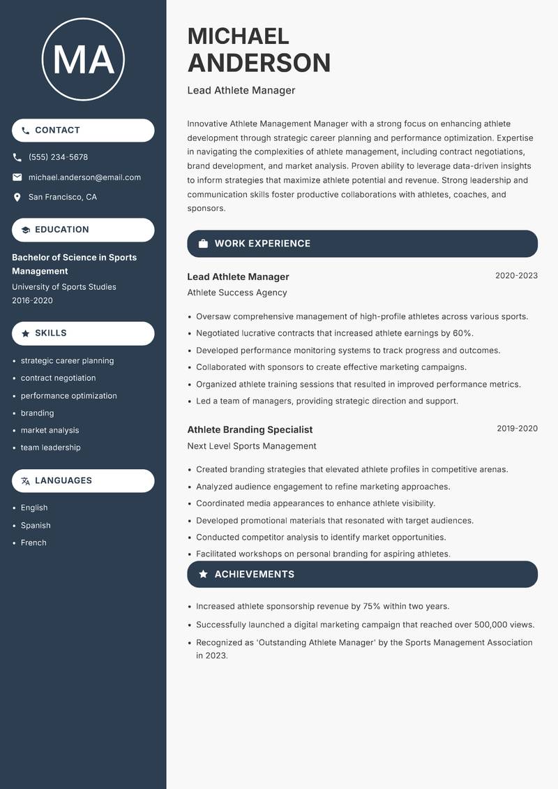 Athlete Management Manager Resume Preview Example