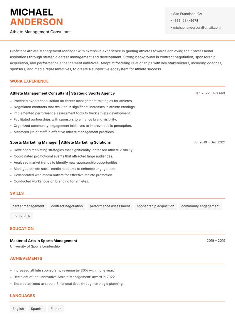 Athlete Management Manager Resume Template
