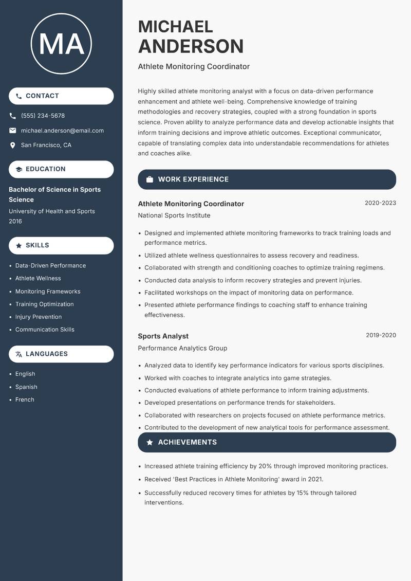 Athlete Monitoring Analyst Resume Preview Example