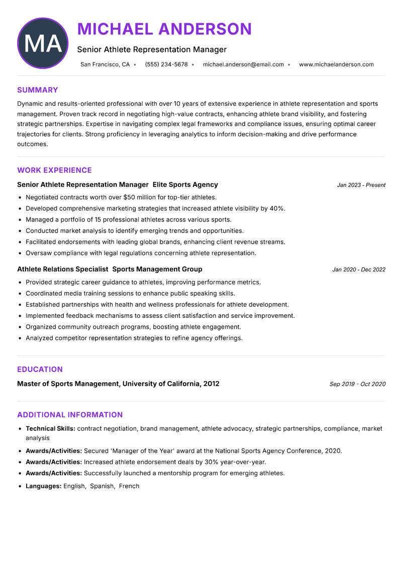 Athlete Representation Manager Resume Preview Example