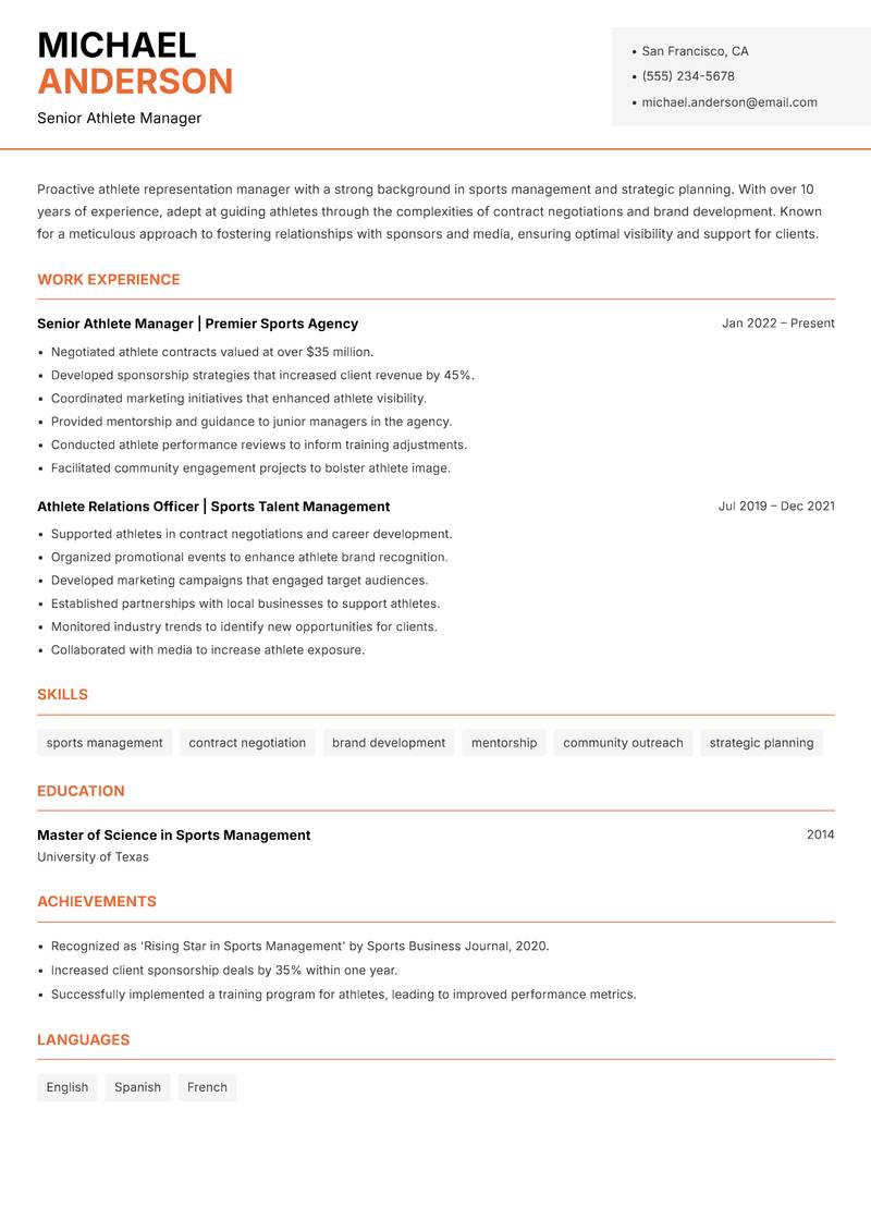 Athlete Representation Manager Resume Template