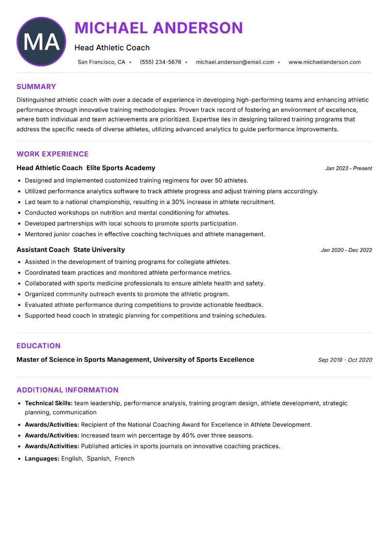 Athletic Coach Resume Preview Example