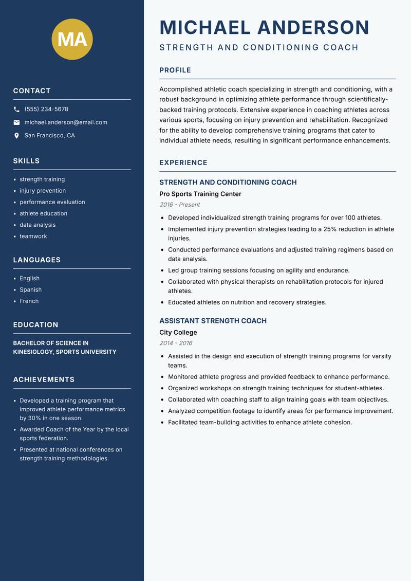 Athletic Coach Resume Preview Example