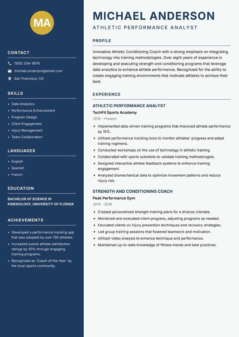 Athletic Conditioning Coach Resume Preview Example
