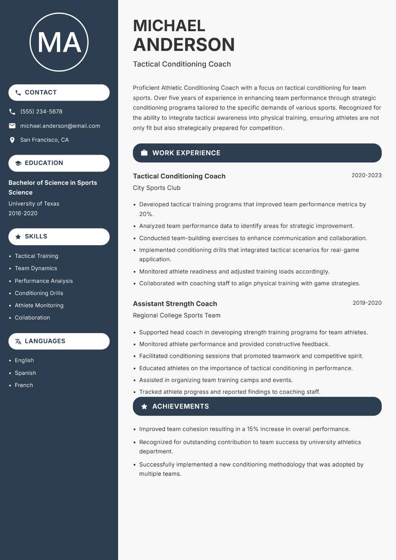 Athletic Conditioning Coach Resume Preview Example