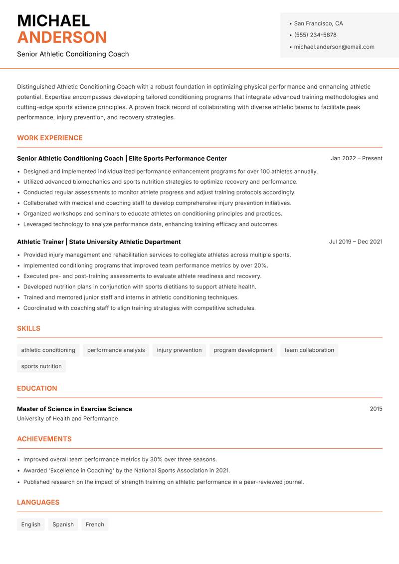 Athletic Conditioning Coach Resume Template
