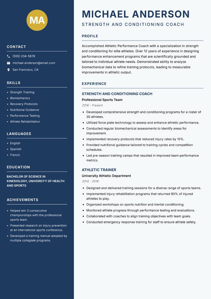 Athletic Performance Coach Resume Preview Example