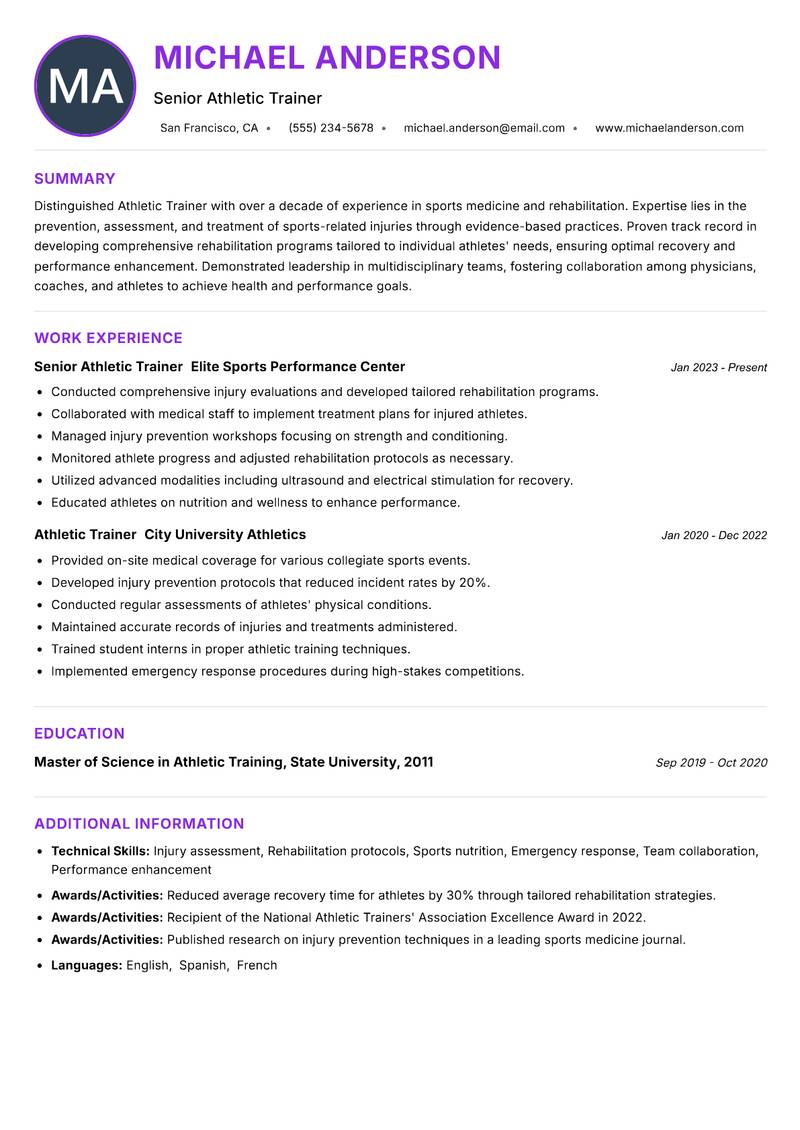 Athletic Trainer Resume Preview Example