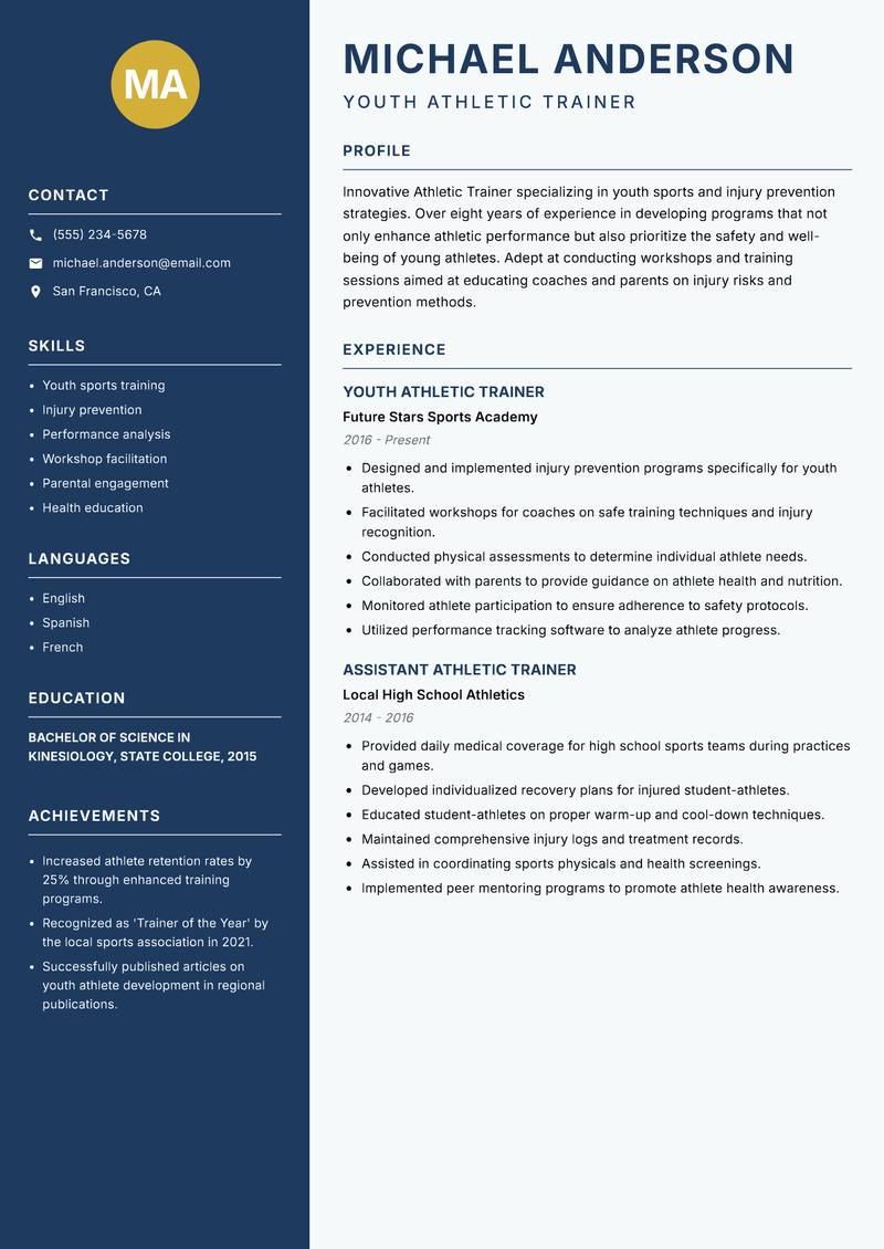 Athletic Trainer Resume Preview Example