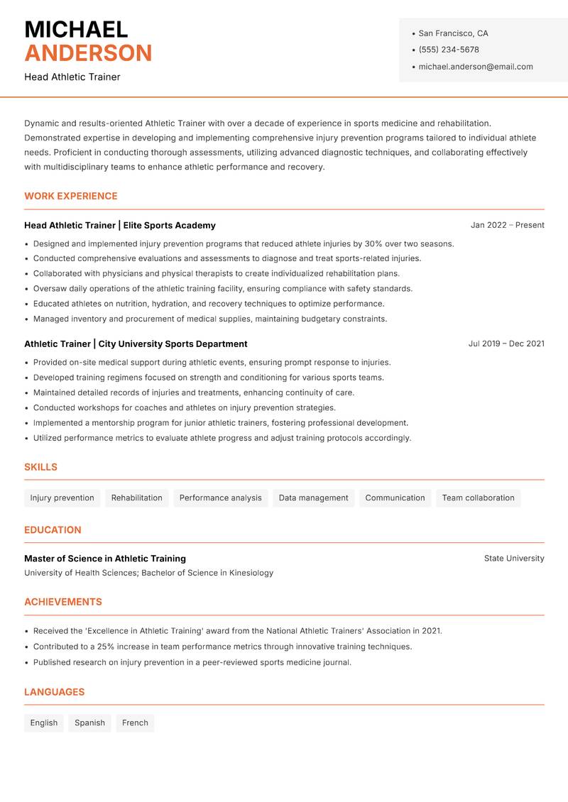 Athletic Trainer Resume Template