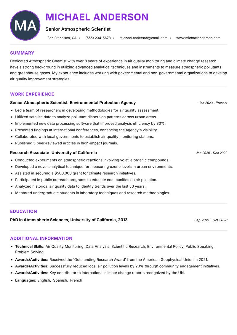 Atmospheric Chemist Resume Preview Example