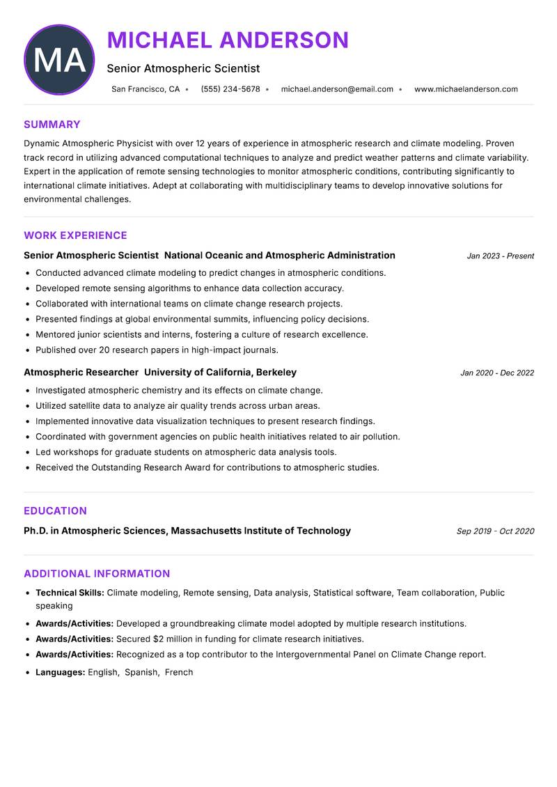 Atmospheric Physicist Resume Preview Example