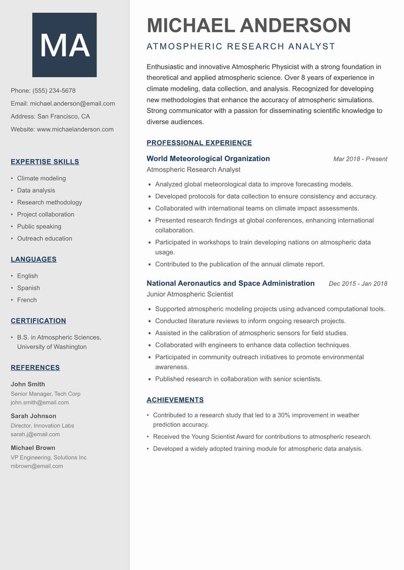 Atmospheric Physicist Resume Preview Example