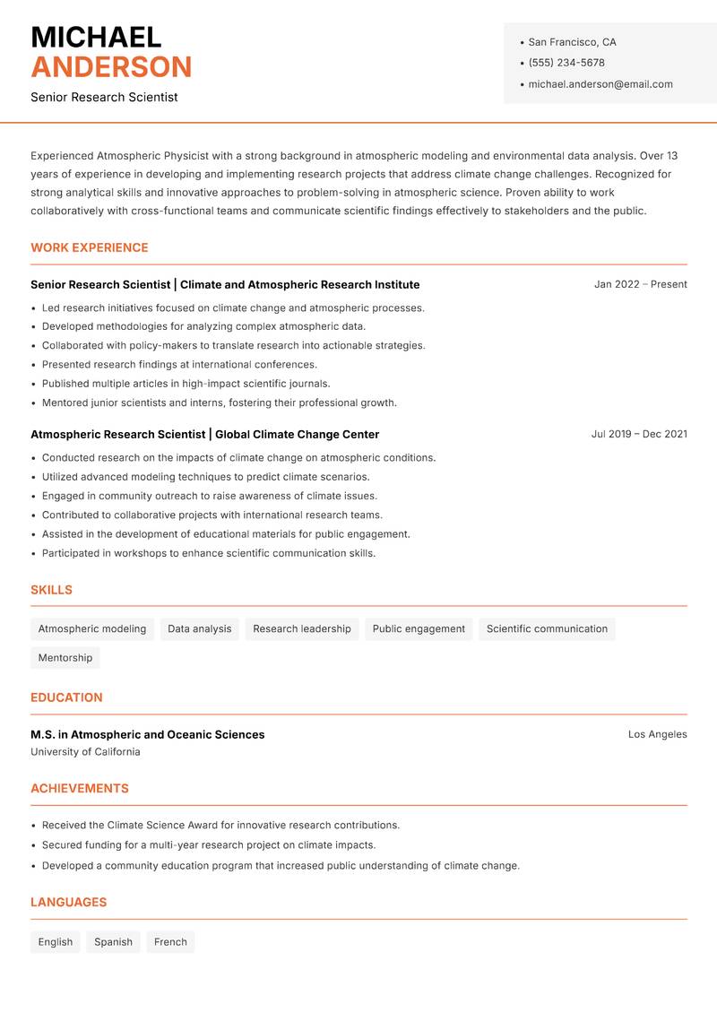 Atmospheric Physicist Resume Template