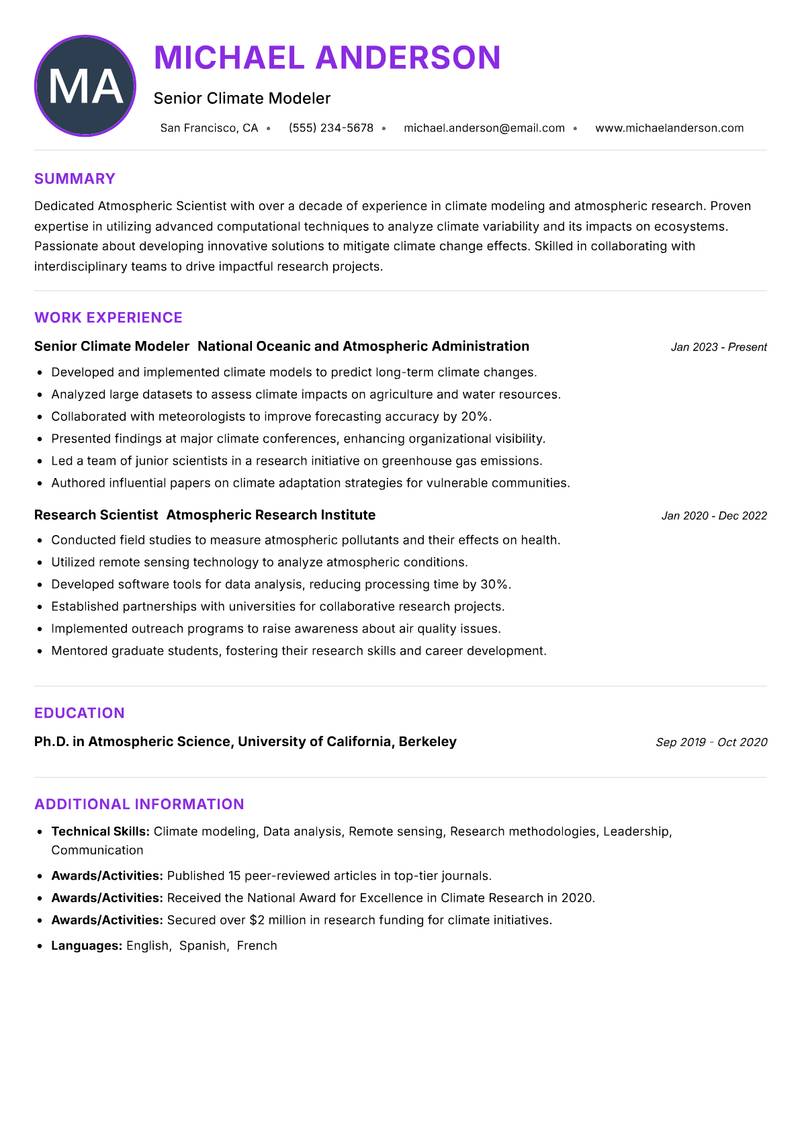 Atmospheric Scientist Resume Preview Example