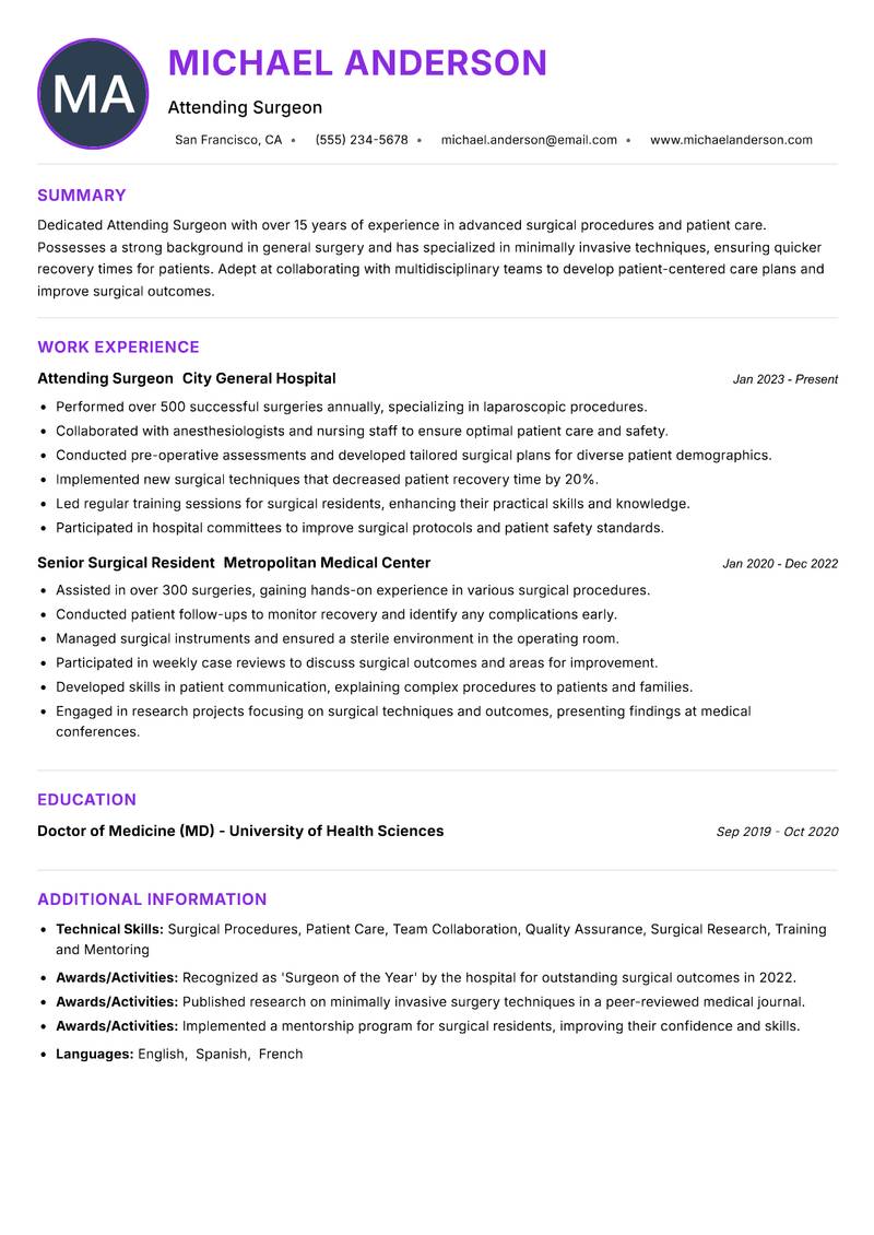 Attending Surgeon Resume Preview Example