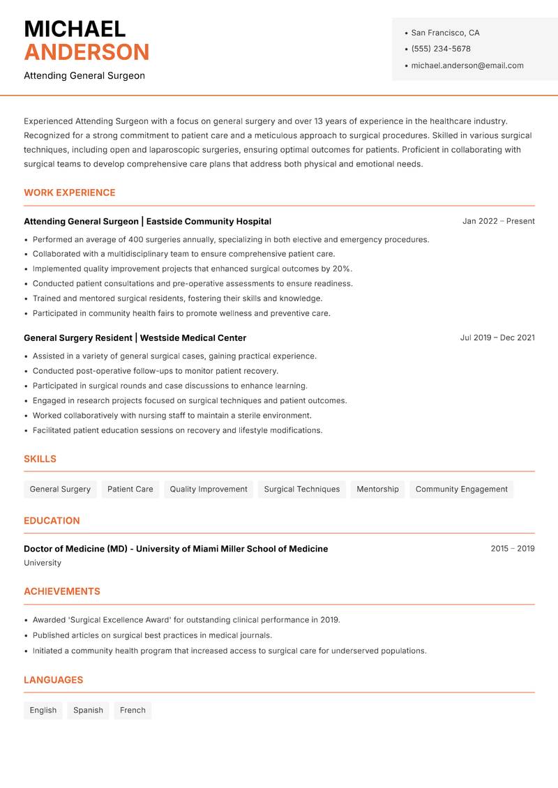 Attending Surgeon Resume Template