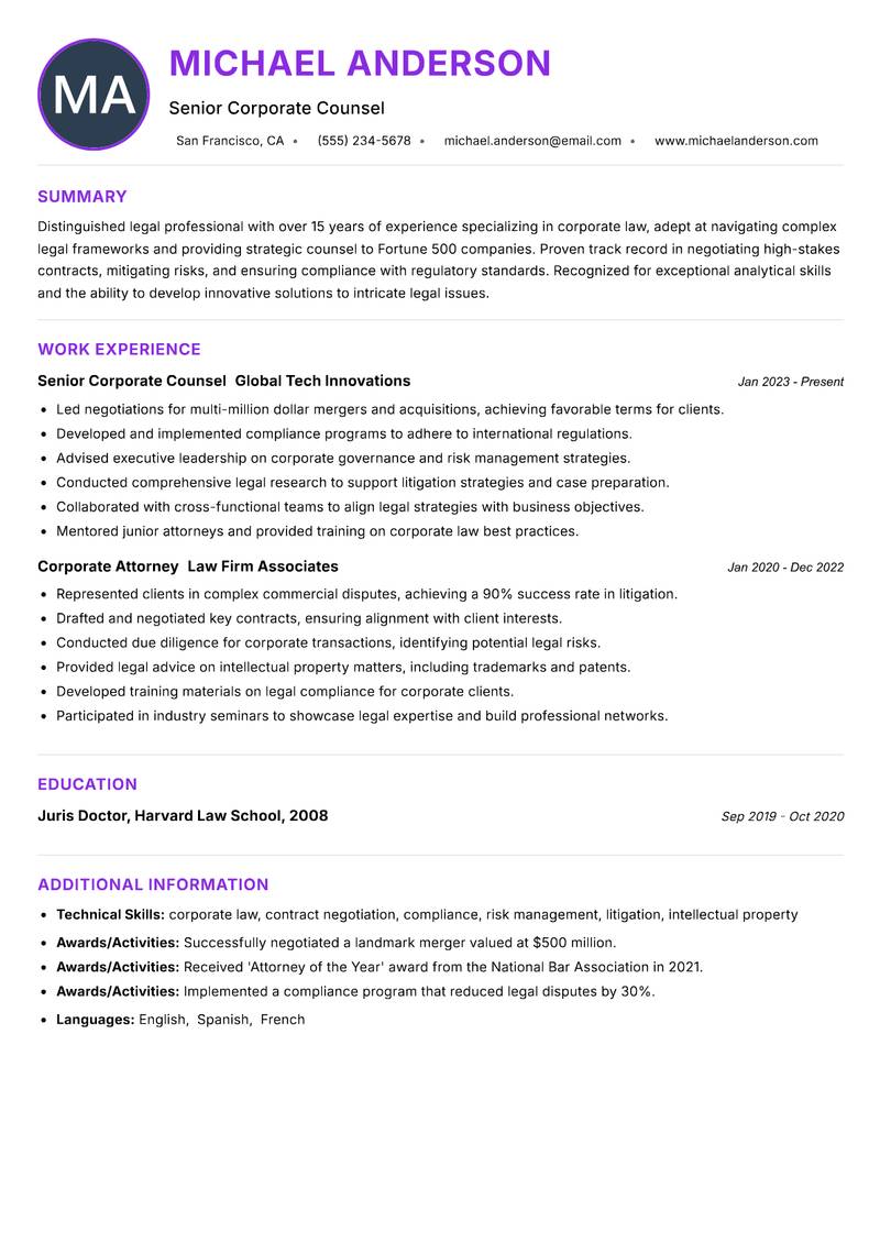 Attorney Resume Preview Example