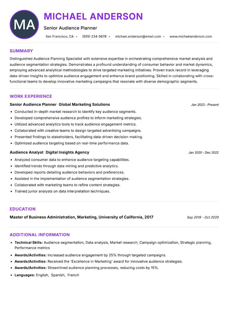Audience Planning Specialist Resume Preview Example