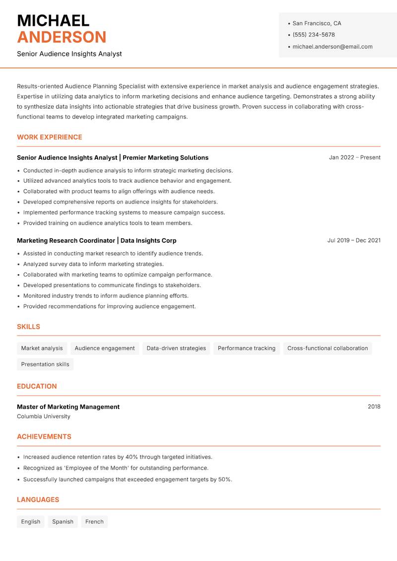 Audience Planning Specialist Resume Template