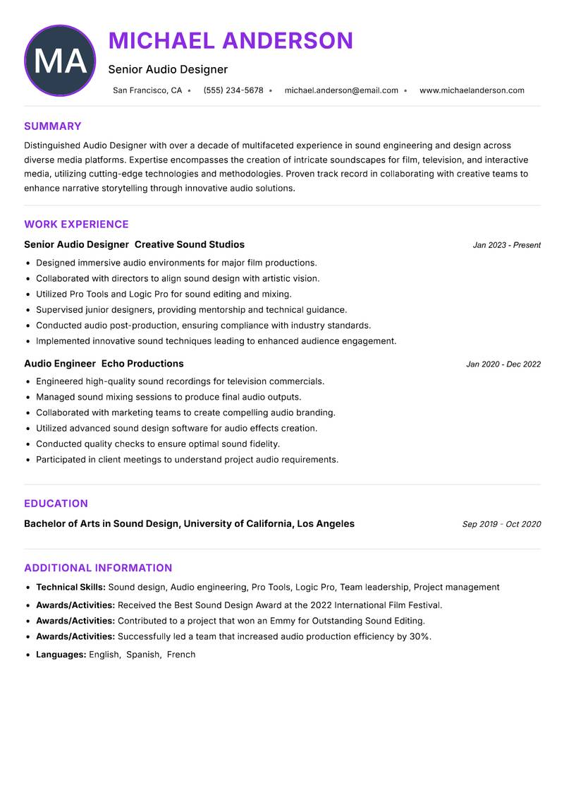 Audio Designer Resume Preview Example