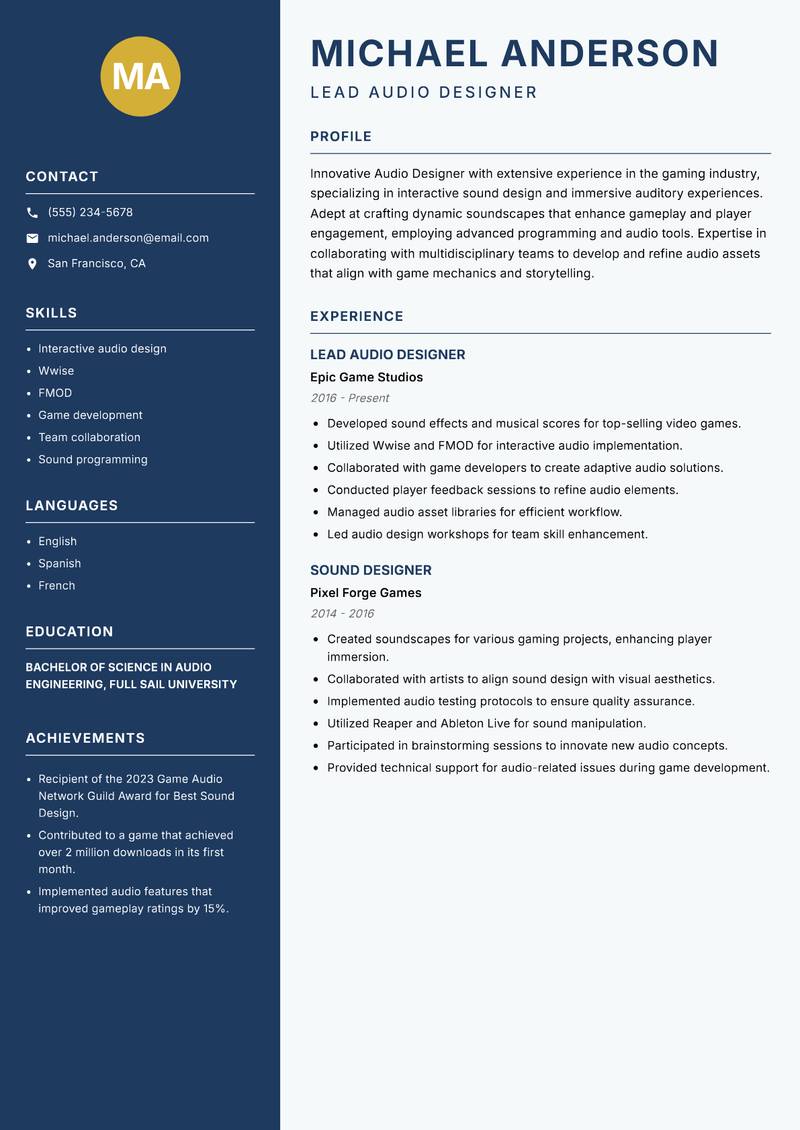 Audio Designer Resume Preview Example