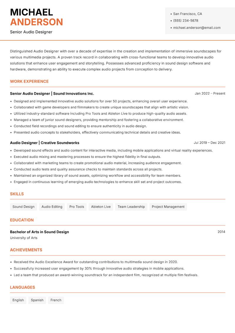 Audio Designer Resume Template
