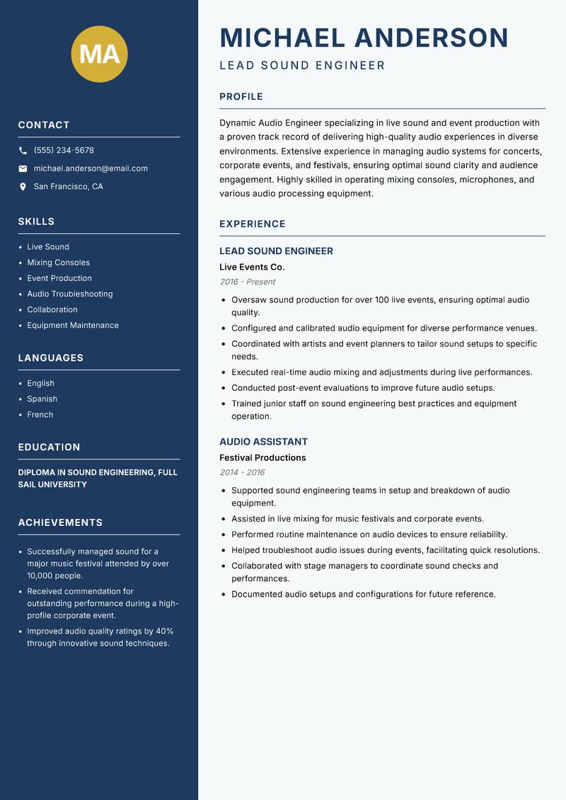 Audio Engineer Resume Preview Example