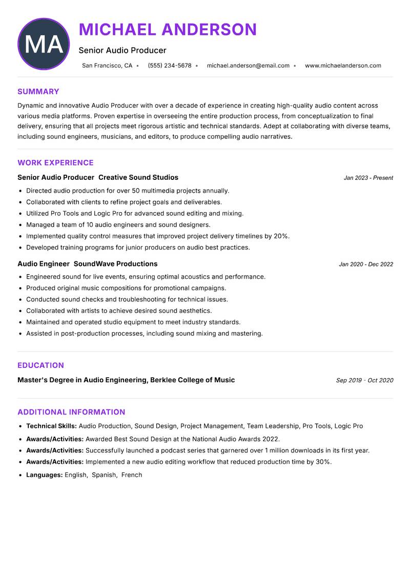 Audio Producer Resume Preview Example