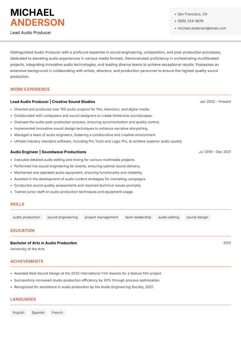 Audio Producer Resume Template