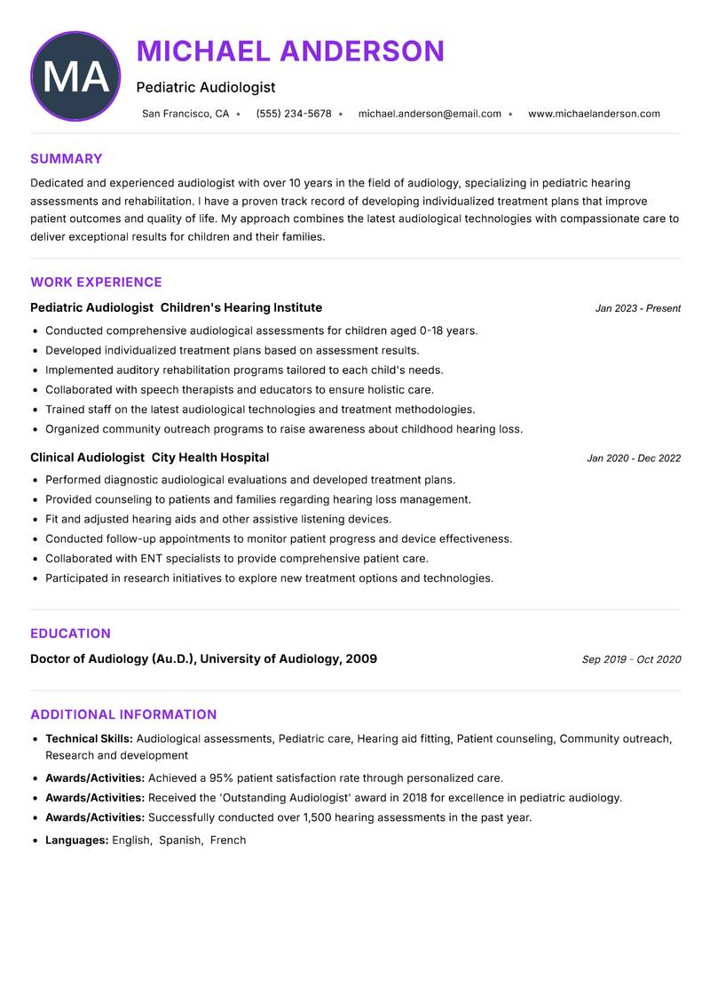 Audiologist Resume Preview Example