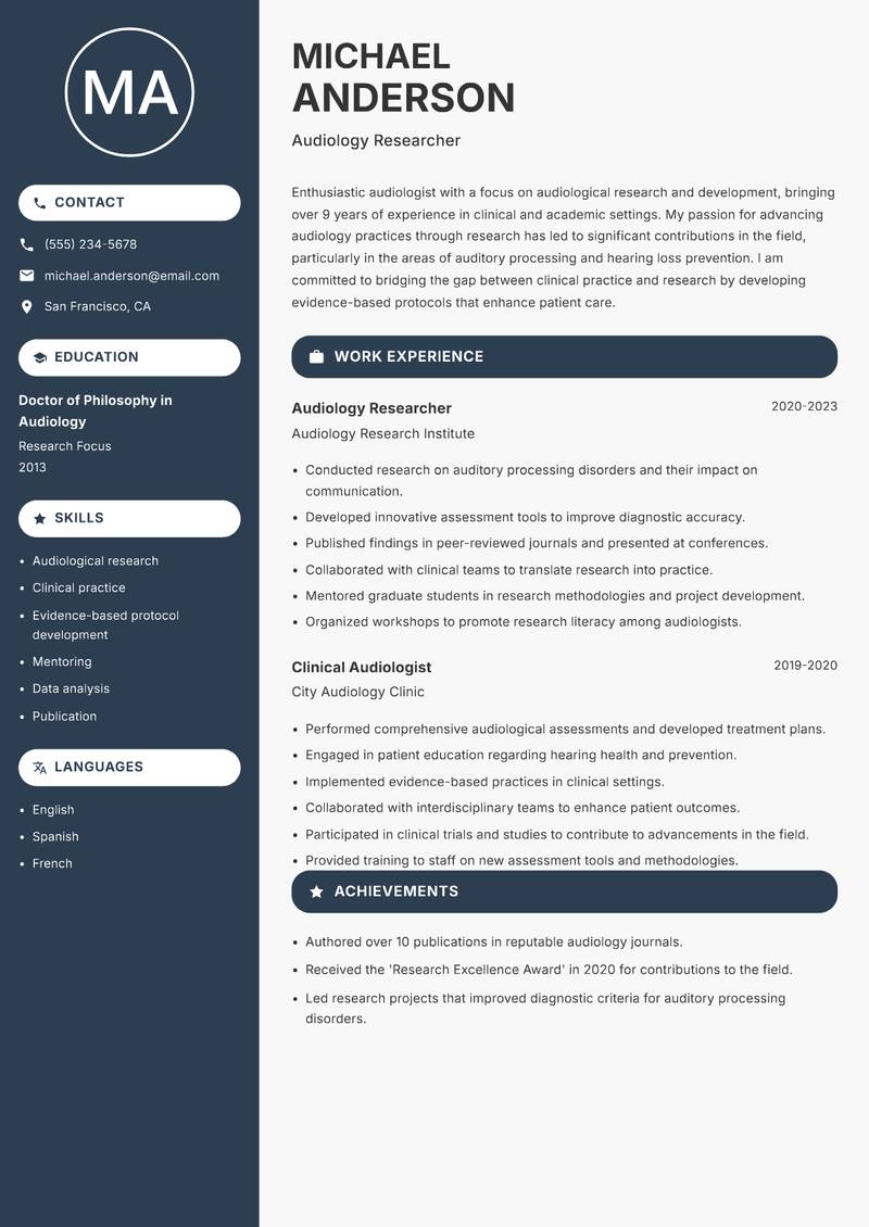 Audiologist Resume Preview Example