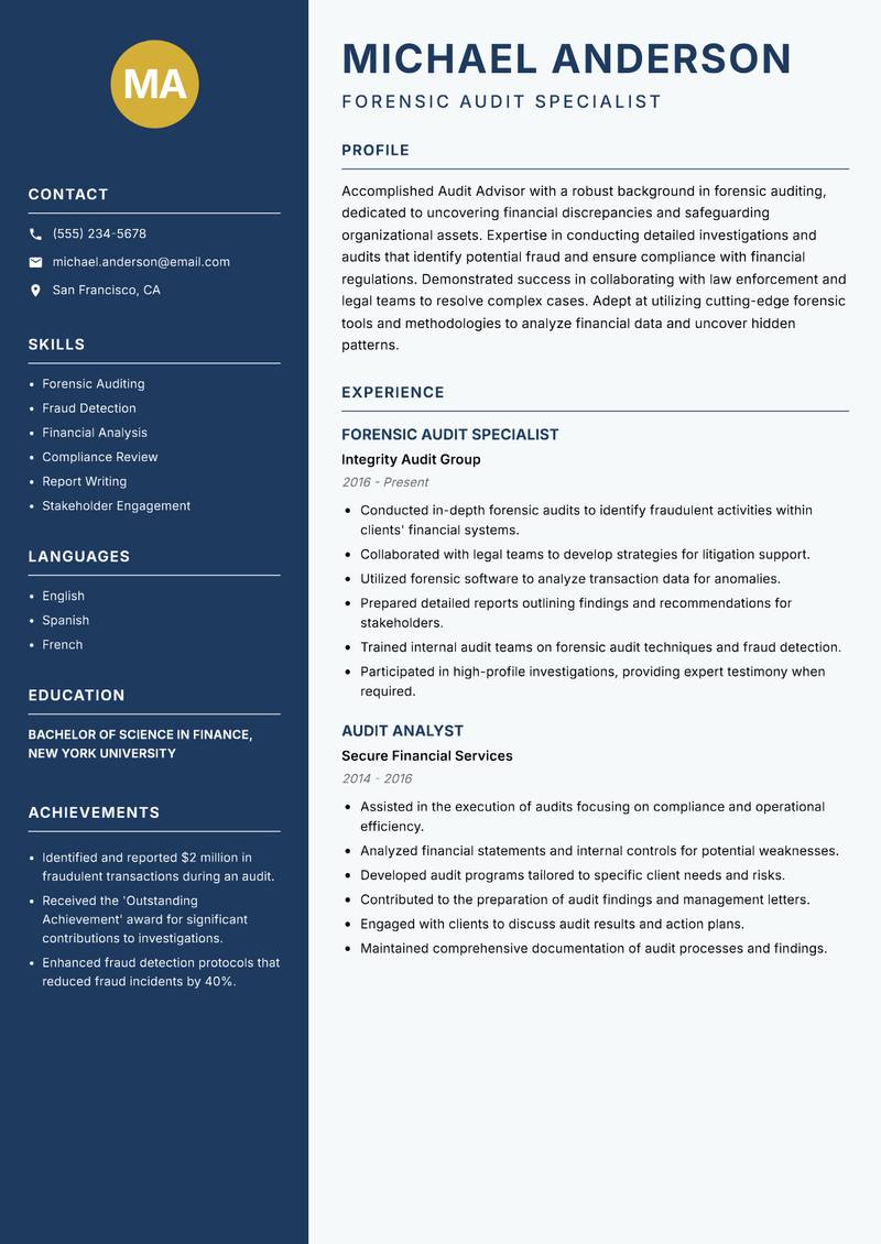 Audit Advisor Resume Preview Example