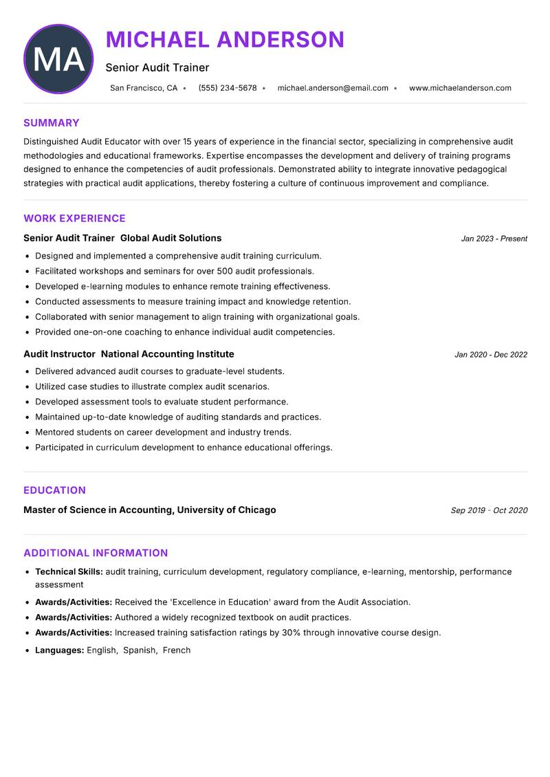 Audit Educator Resume Preview Example