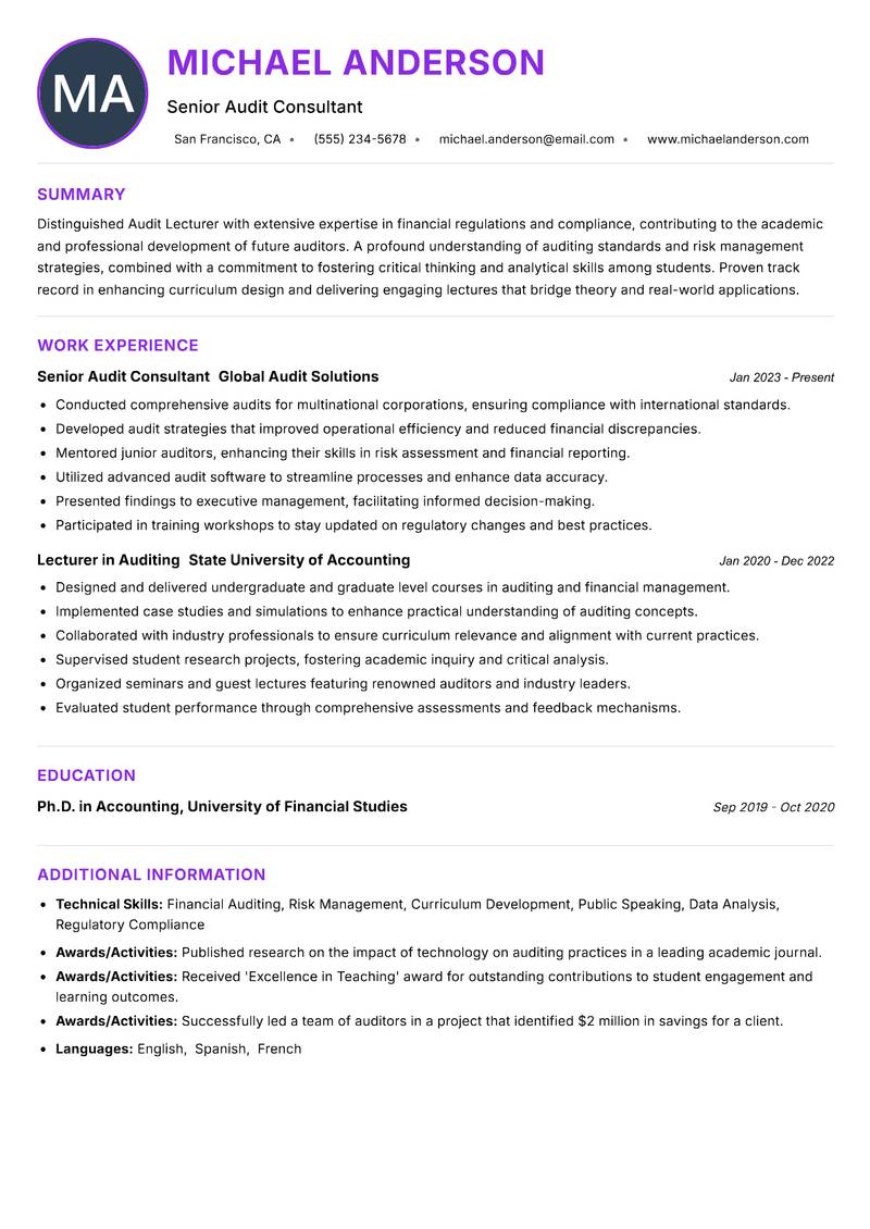 Audit Lecturer Resume Preview Example