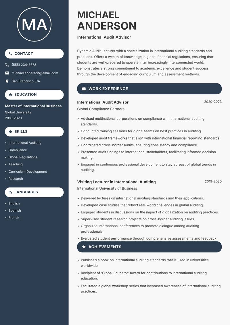 Audit Lecturer Resume Preview Example