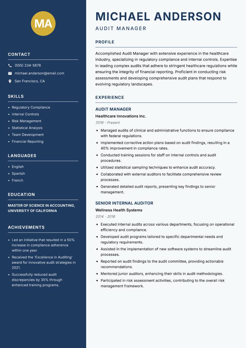 Audit Manager Resume Preview Example