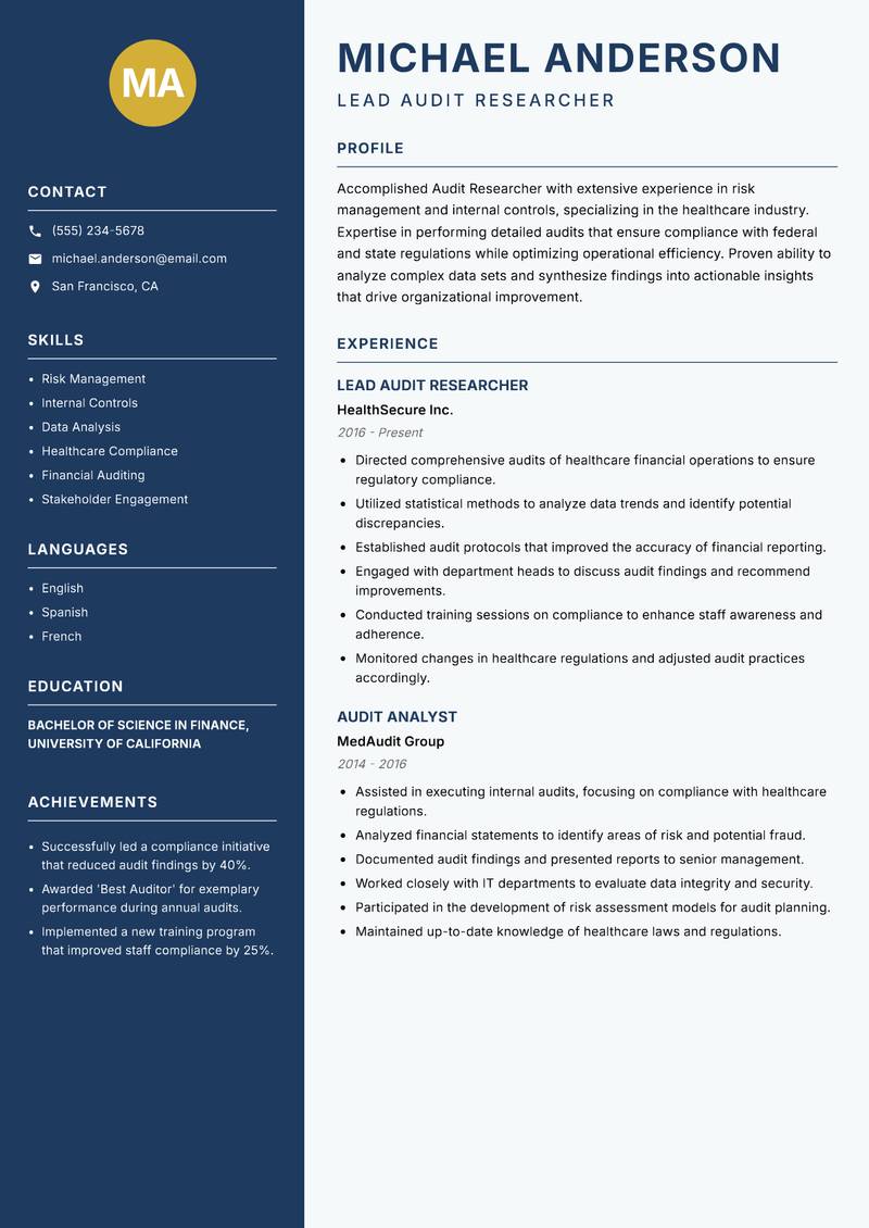 Audit Researcher Resume Preview Example