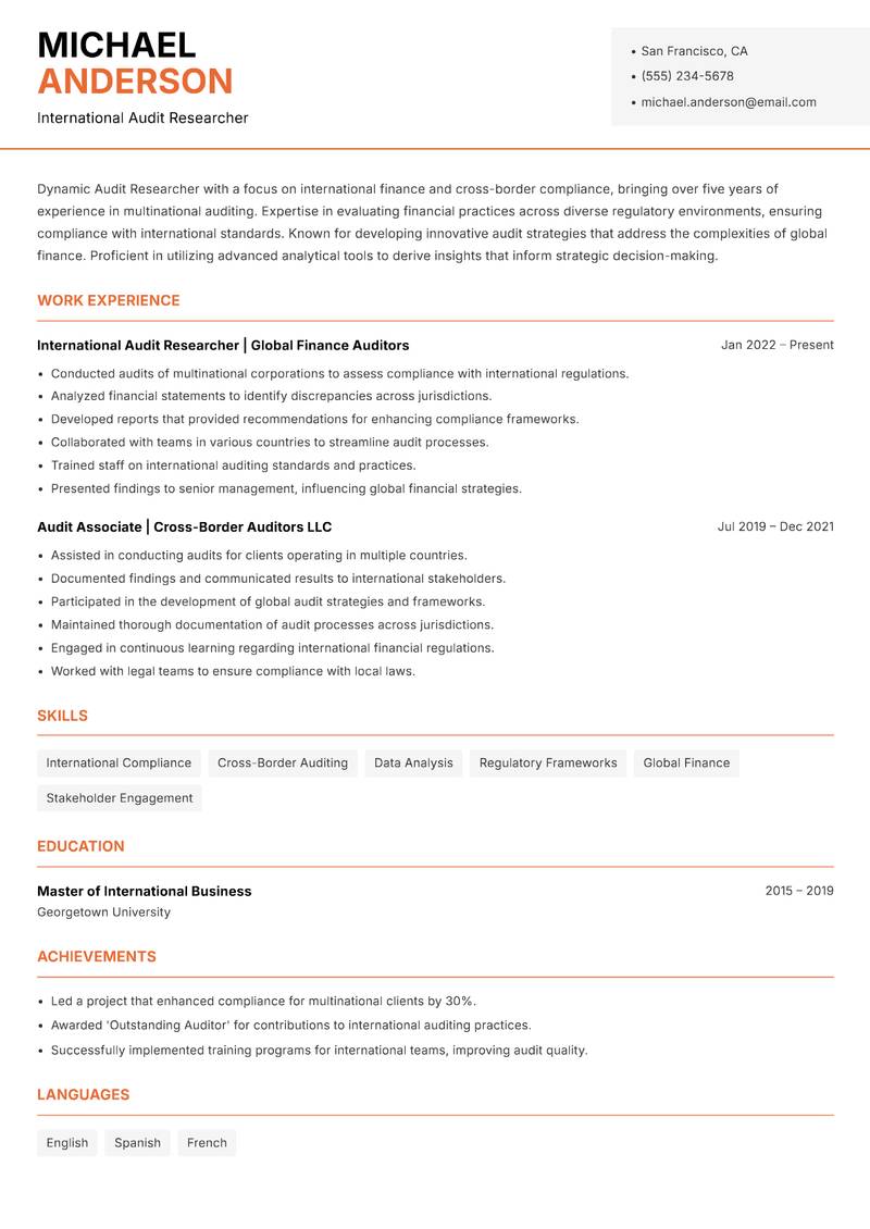 Audit Researcher Resume Template