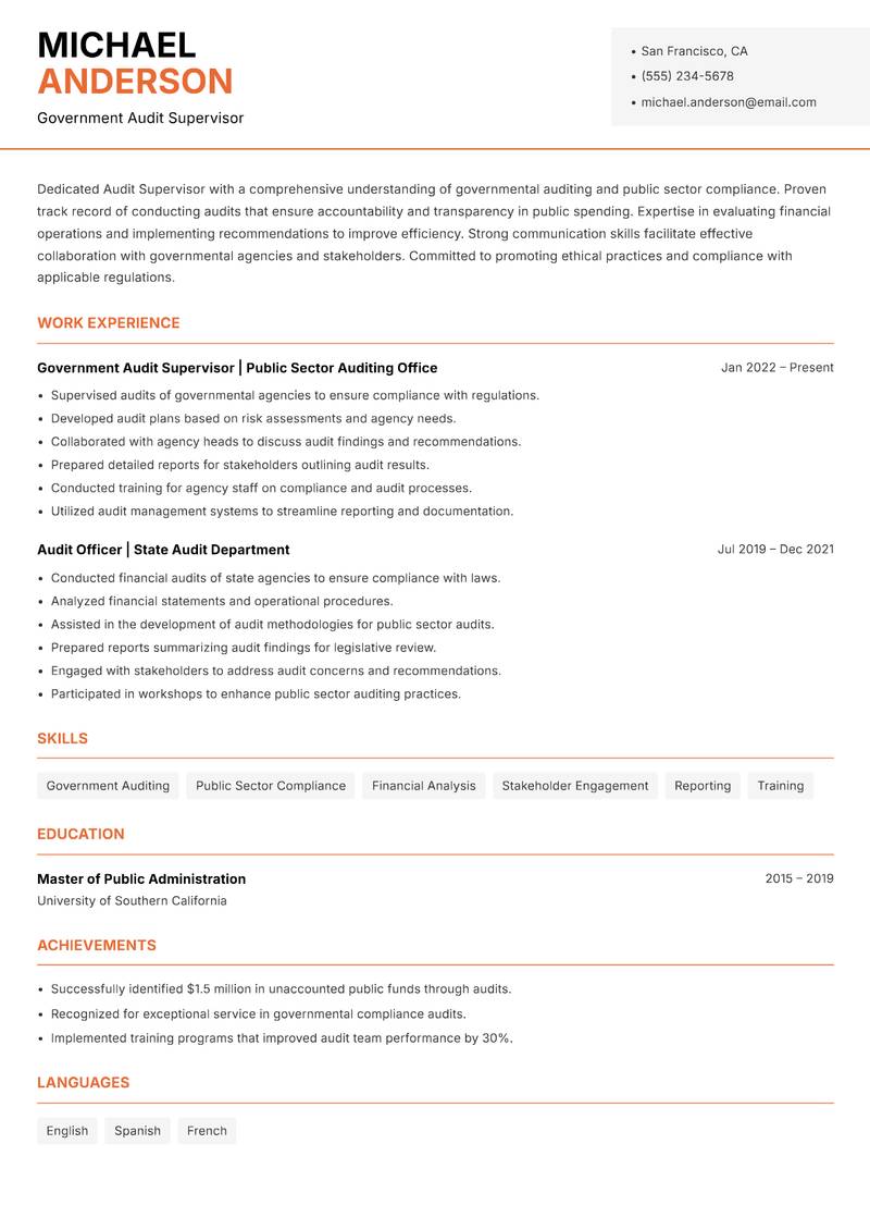 Audit Supervisor Resume Template