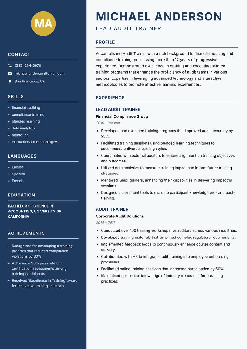 Audit Trainer Resume Preview Example